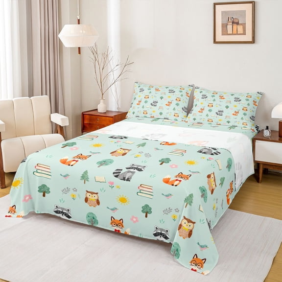Homewish Cute Owl Fox Full Size Sheets,Wild Animal Bed Sheets,Green Orange Gray Sheet Sets For Girls Kids,Ultra Soft Home Decor,4-Piece
