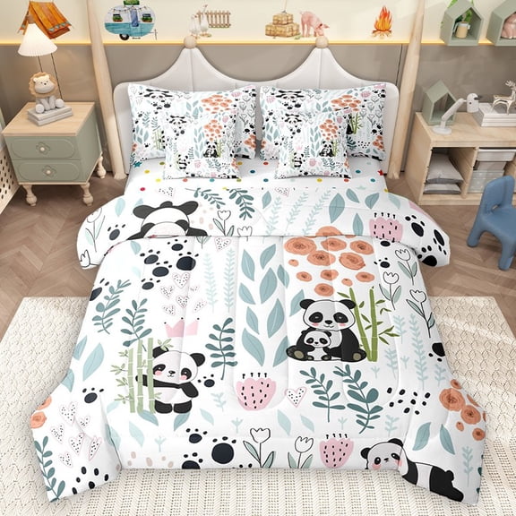 Homewish Cute Panda 7-Piece Twin Bedding Sets for Teens Boys Girls,Flower Animal Bedding Comforter Set,Dreamy Princess Breathable Sheet Sets,Ultra Soft Home Decor,Reversible