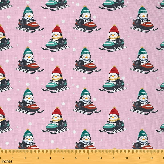 Homewish Cute Penguin Fabric by the Yard 1 Yard,Cartoon Animal Home Decor Fabric by the Yard,Pink Red Blue Sewing Fabric For Girls,Luxury Bedroom Decor