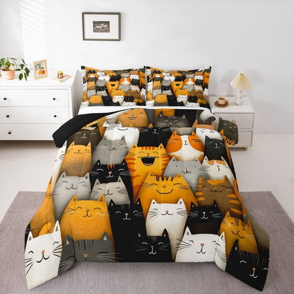 Homewish Cute Pet Cats Full Size Comforter Sets,Cartoon Animals Bedding Comforter Set,Orange Gray,Black Reversible,3pcs,1 Comforter and 2 Pillowcases