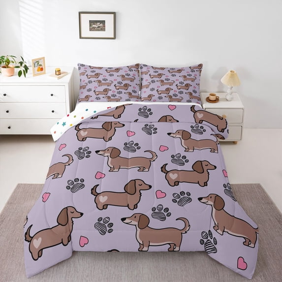 Homewish Cute Pet Dachshund Full Size Comforter Sets,Dog Paws Heart Bedding Comforter Set,Purple,Polkadot Reversible,3-Piece,1 Comforter and 2 Pillowcases