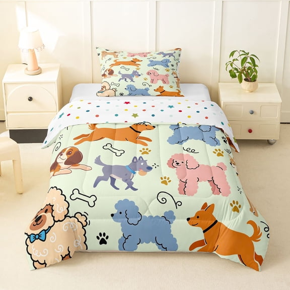 Homewish Cute Pet Dog Twin Comforter Sets,Kawaii Pet Theme Bedding Set,Green,Polkadot Reversible,2 Pieces,1 Comforter and 1 Pillowcase