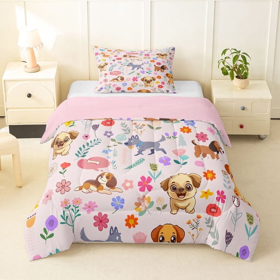 Homewish Cute Pet Dog Twin Comforter Sets,Vintage Floral Bedding Set,Pink,Pink Reversible,2pcs,1 Comforter and 1 Pillowcase