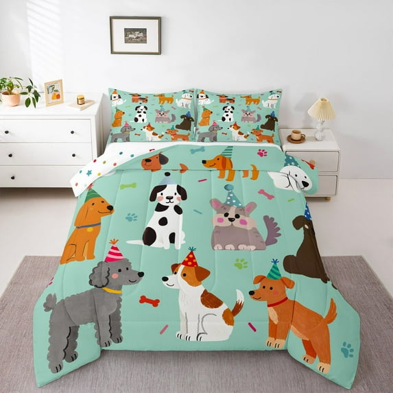 Homewish Cute Pet Dogs 3 Pieces Queen Comforter Set for Teens Children,Cartoon Animal Ultra Soft Bedding Sets,Dreamy Princess Bedding Comforter Set,Lightweight Room Decor,Reversible
