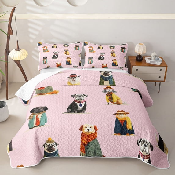 Homewish Cute Pet Dogs Quilt Full,Lovely Animal Full Bedspread Sets,Pink,3-Piece