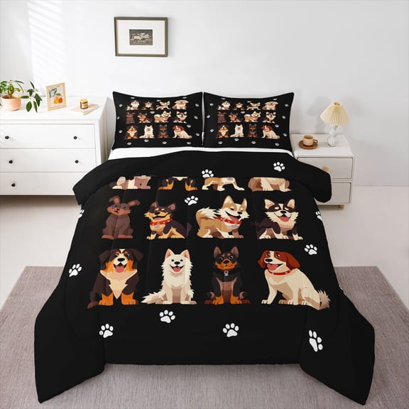 Homewish Cute Pet Theme Queen Comforter Set,Dog Paws Comforter Sets Queen,Black,Black Reversible,3-Piece,1 Comforter and 2 Pillowcases