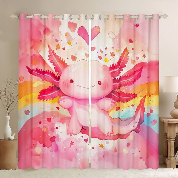 Homewish Cute Pink Axolotl Black Out Curtains for Kids Teens,Cartoon Stars Love Heart Curtains Pack of 2 (42x63 Each),Kawaii Animal Salamander Bedroom Curtains,Lightweight Room Decor