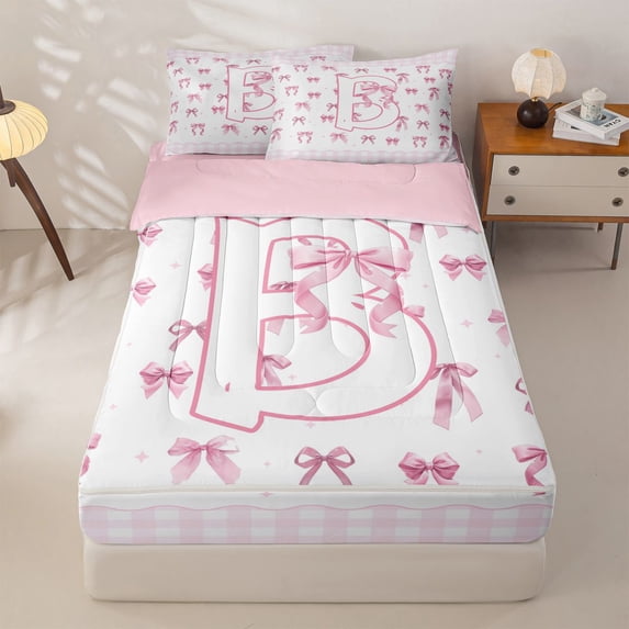 Homewish Cute Pink Bowknot Kids Zipper Twin Comforter Sets with Fitted Sheet and 2 Pillowcases,Initial Alphabet B Zipper Bedding Set For Girls,Pink Reversible,4 Pieces