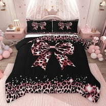Homewish Cute Pink Bowtie Bedding Comforter Set 2pcs for Children Teens,Kawaii Ribbon Bow Knot Twin Comforter Sets Microfiber,Abstract Cheetah Print Breathable Bedding Set