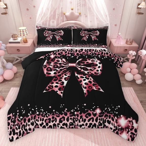 Homewish Cute Pink Bowtie Bedding Comforter Set 2pcs for Children Teens,Kawaii Ribbon Bow Knot Twin Comforter Sets Microfiber,Abstract Cheetah Print Breathable Bedding Set
