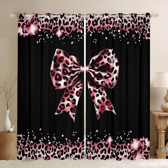 Homewish Cute Pink Bowtie Black Out Curtains for Children Teens,Kawaii Ribbon Bow Knot Curtains Pack of 2 (42x63 Each),Abstract Cheetah Print Bedroom Curtains,Microfiber Bedroom Decor