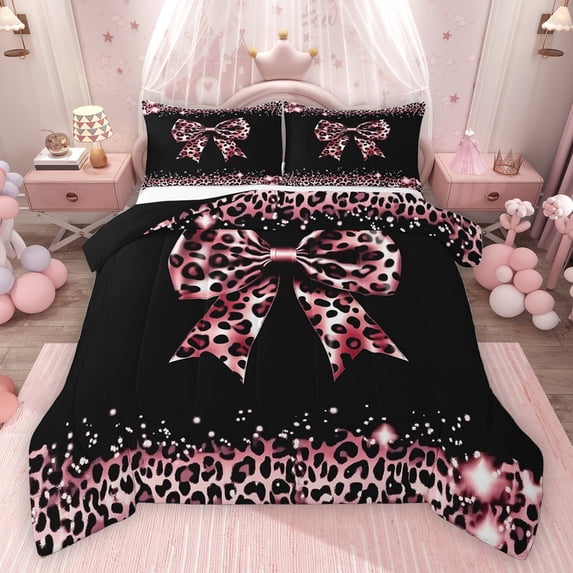 Homewish Cute Pink Bowtie Full Size Comforter Sets 3-Piece for Children Teens,Kawaii Ribbon Bow Knot Bedding Comforter Set,Abstract Cheetah Print Lightweight Bedding Sets