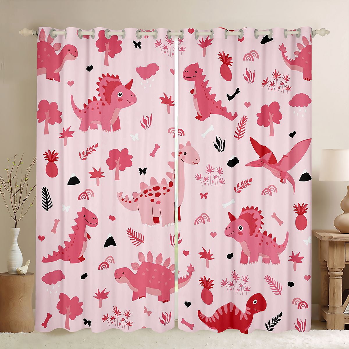 Homewish Cute Pink Dinosaur Curtains Pack of 2 (42x84 Each) for Kids, Jungle Leaf Botanical Curtains Blackout, Kawaii Cartoon Animal Bedroom Curtains, Black Out Curtains Decor