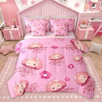 Homewish Cute Pink Jellyfish Twin Bedding Sets 7-Piece for Teen, Kawaii Sealife Bedding Comforter Set, Cartoon Flower Floral Reversible Sheet Sets, Breathable Home Decor