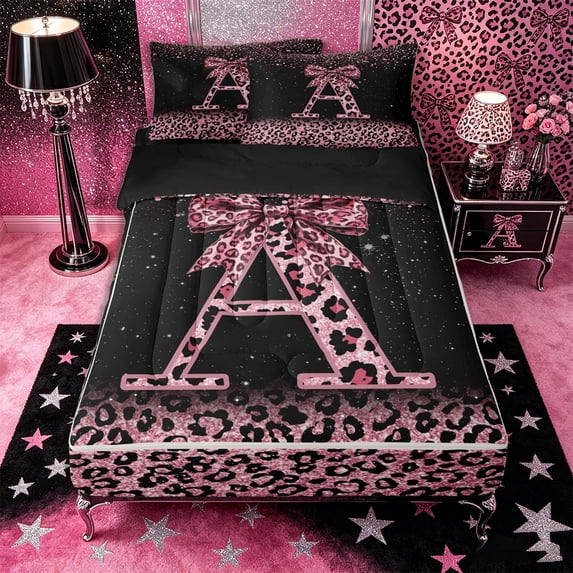 Homewish Cute Pink Leopard Print Zipper Twin Comforter Sets with Fitted Sheet and 2 Pillowcases for Girls, Bowknot Letter A Zipper Bedding Set,4-Piece, Black Reversible