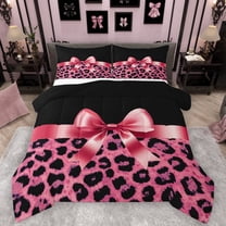 Homewish Cute Pink Ribbon Bowtie 2pcs Bedding Comforter Set For Female Girls Adults,Leopard Print Twin Comforter Sets,Animal Cheetah Print Breathable Bedding Set,Breathable Home Decor,Reversible