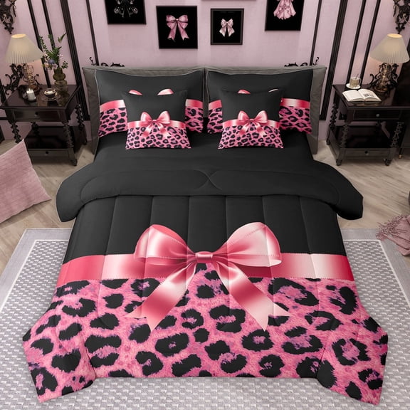 Homewish Cute Pink Ribbon Bowtie 7pcs Bedding Comforter Set For Female Girls Adults,Leopard Print Queen Bedding Sets Super Cozy,Animal Cheetah Print Queen Sheet Sets,Breathable Home Decor,Reversible