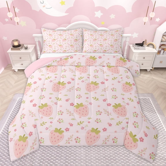 Homewish Cute Pink Strawberry Bedding Comforter Set for Girl, Kawaii Blossoms Flower Floral Twin Comforter Sets, Plant Botanical Reversible Bedding Set, Breathable Home Decor, 2-Piece