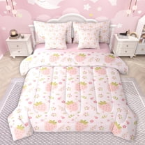 Homewish Cute Pink Strawberry Twin Bedding Sets 7-Piece for Girl, Kawaii Blossoms Flower Floral Bedding Comforter Set, Plant Botanical Reversible Sheet Sets, Breathable Home Decor