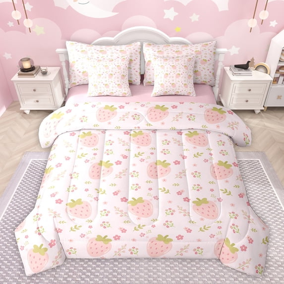 Homewish Cute Pink Strawberry Twin Bedding Sets 7-Piece for Girl, Kawaii Blossoms Flower Floral Bedding Comforter Set, Plant Botanical Reversible Sheet Sets, Breathable Home Decor