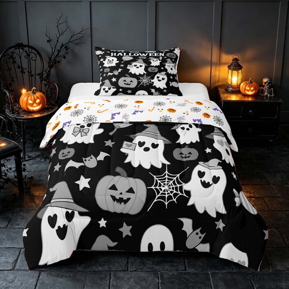 Homewish Cute Pink Witch Ghost Twin Comforter Sets for Girls, Halloween Print Bedding Set, Black Gray White, Pumpkin Bat Reversible, 2 Pieces 1 Comforter and 1 Pillowcase
