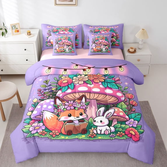 Homewish Cute Plant Mushrooms 7 Pieces Full Size Bedding Sets,Floral Fox Rabbit Animals Full Size Bed in a Bag,Purple,Pink Reversible