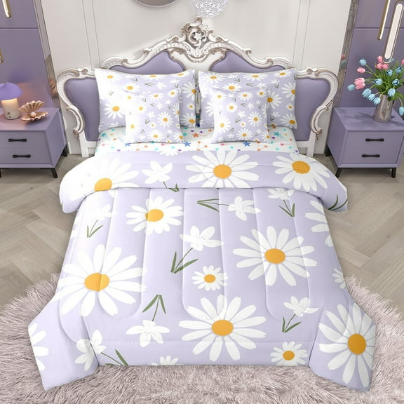 Homewish Cute Plum Cartoon Bedding Comforter Set 7pcs, Groovy Flower Floral King Bedding Sets, Kawaii Princess Style Reversible Bed Sheets, Ultra Soft Bedroom Decor