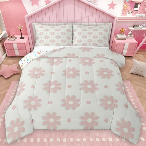 Homewish Cute Polka Dot Full Size Comforter Sets,Cartoon Flower Floral Bedding Comforter Set,Pink Gray Bedding Sets For Girl,Super Cozy Room Decor Reversible,3-Piece