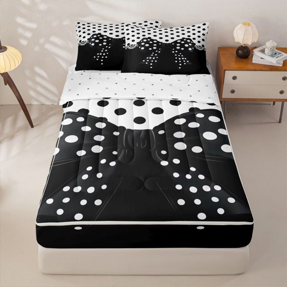 Homewish Cute Polka Dots Zipper Twin Comforter Sets with Fitted Sheet and 2 Pillowcases,Cartoon Ribbon Bowknot Zipper Bedding Set For Girls Kids,Reversible,4-Piece