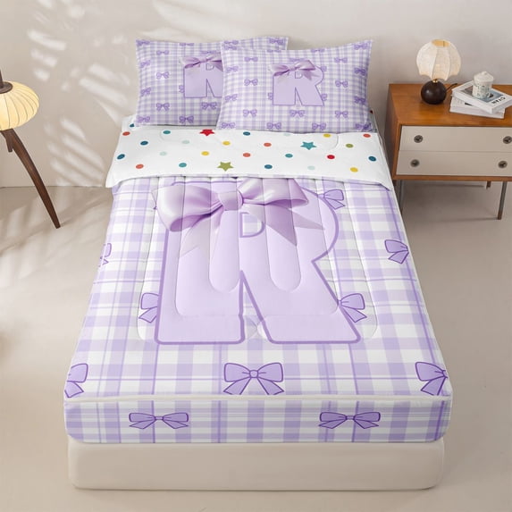 Homewish Cute Princess Bow Zipper Twin Comforter Sets with Fitted Sheet and 2 Pillowcases For Kids,Girls Ribbon Bow Theme Initial Letter R Zipper Bedding Set,Reversible,4 Pieces