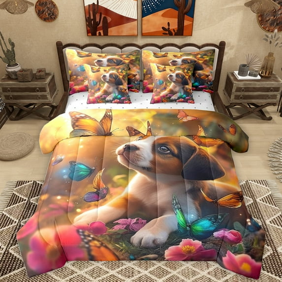 Homewish Cute Puppy Dogs 7-Piece Twin Bedding Sets,Chic Butterflies Flower Bedding Comforter Set,Kawaii Pet Animal Sheet Sets For Boys Girls,Super Cozy Room Decor Reversible