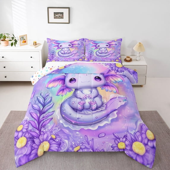 Homewish Cute Purple Axolotl Bedding Comforter Set, Dreamy Cartoon Animal Twin Comforter Sets, Groovy Flower Plant Reversible Bedding Set, Microfiber Bedroom Decor, 2pcs