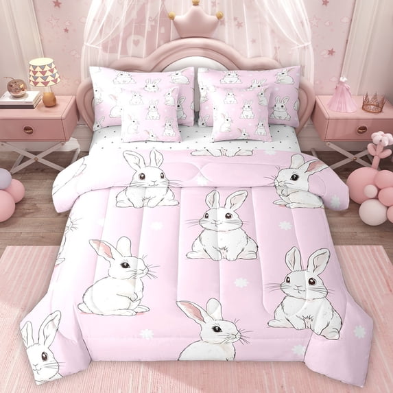 Homewish Cute Rabbit 7 Pieces Bedding Comforter Set,Kawaii Animal Full Bedding Set,Pink White Fitted Sheet Flat Sheet For Girls Teens,Breathable Home Decor Reversible