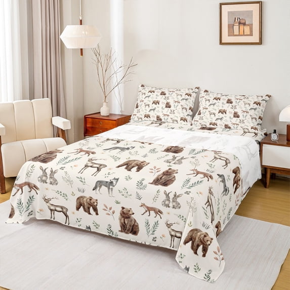 Homewish Cute Rabbit Bear Full Size Sheets,Jungle Deer Bed Sheets,Rustic Plant Leaves Sheet Sets For Men Women,Super Cozy Room Decor,4pcs