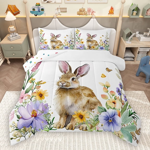 Homewish Cute Rabbit Child Bedding Comforter Set, Groovy Daisy Floral Twin Comforter Sets, Kawaii Cartoon Bunnies Reversible Bedding Set, Super Cozy Room Decor, 2pcs