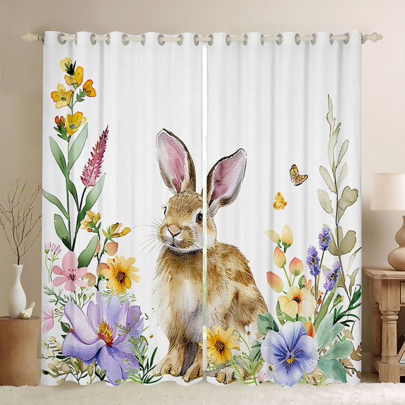 Homewish Cute Rabbit Child Blackout Curtains Set of 2 (52x84 Each), Groovy Daisy Floral Window Curtains, Kawaii Cartoon Bunnies Curtains and Drapes, Living Room Curtains Decor