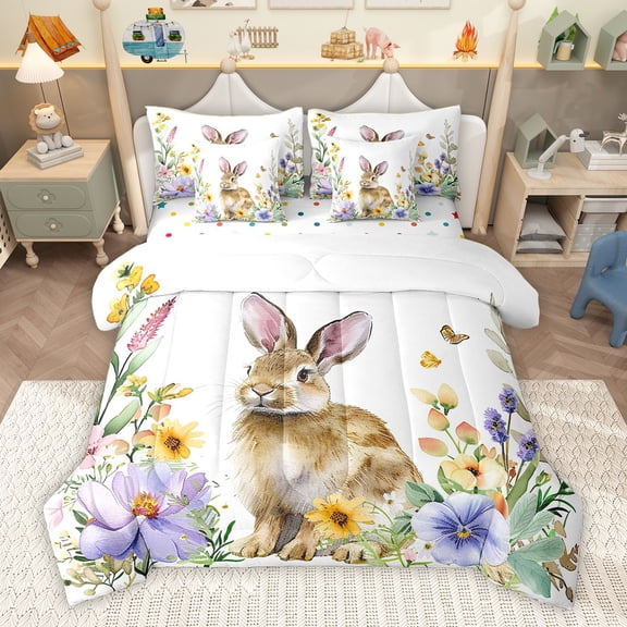 Homewish Cute Rabbit Child Twin Bedding Sets 7-Piece, Groovy Daisy Floral Bedding Comforter Set, Kawaii Cartoon Bunnies Reversible Sheet Sets, Super Cozy Room Decor