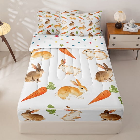 Homewish Cute Rabbit Farm Animal Zipper Twin Comforter Sets with Fitted Sheet and 2 Pillowcases,Happy Easter Theme Zipper Bedding Set For Kids Girls,Reversible,4-Piece