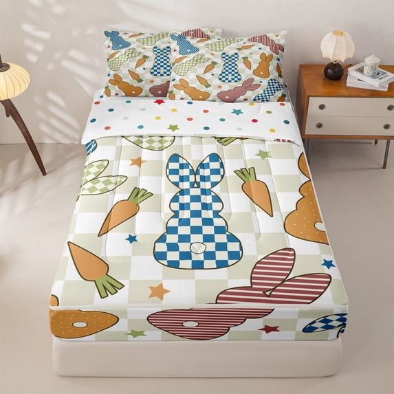 Homewish Cute Rabbit Print Zipper Twin Comforter Sets with Fitted Sheet and 2 Pillowcases,Colorful Stars Print Zipper Bedding Set For Kids,Reversible,4 Pieces