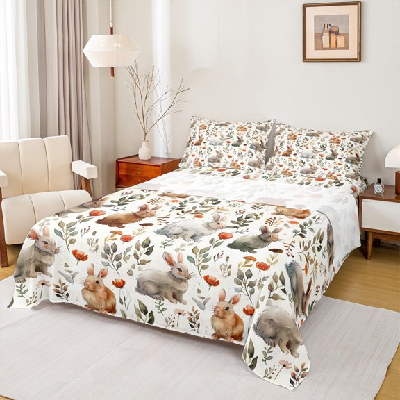 Homewish Cute Rabbit Twin Sheet Sets,Rustic Plant Flower Leaves Twin Fitted Sheet,White Brown Gray Flat Sheet For Girl Kid,Breathable Home Decor,3-Piece