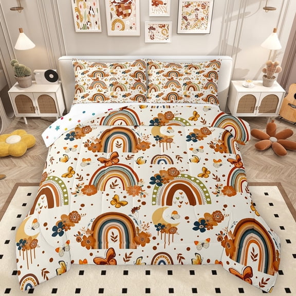 Homewish Cute Rainbow 2pcs Bedding Comforter Set For Children Teens Girls,Flying Floral Butterflies Twin Comforter Sets,Chic Flowers Breathable Bedding Set,Super Cozy Room Decor,Reversible
