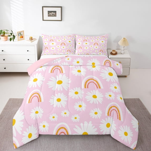 Homewish Cute Rainbow Full Size Comforter Sets 3-Piece for Teens Boys Girls,Cartoon Groovy Floral Daisy Bedding Comforter Set,Kawaii Flowers Lightweight Bedding Sets,Super Cozy Room Decor