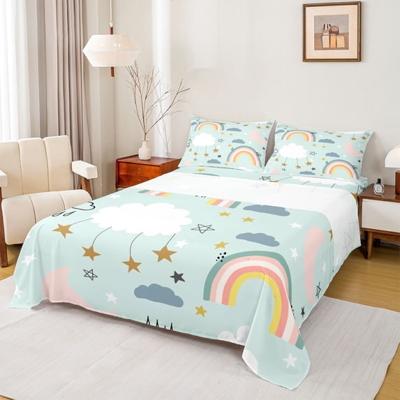 Homewish Cute Rainbow Full Size Sheets,Lovely Stars Print Bed Sheets,Fairy Tale Theme Sheet Sets For Girl Boys,Ultra Soft Home Decor,4 Pieces