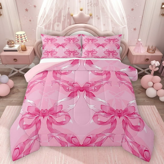 Homewish Cute Ribbon Bowknot 3 Pieces Queen Comforter Set for Teens Adults Female,Pink White Ultra Soft Bedding Sets,Dreamy Princess Bedding Comforter Set Breathable,Super Cozy Room Decor,Reversible
