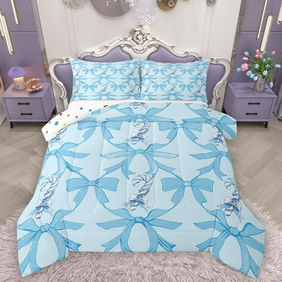 Homewish Cute Ribbon Bowknot Full Size Comforter Sets 3-Piece for Teens Adults Female,Blue Bowtie Bedding Comforter Set,Dreamy Princess Lightweight Bedding Sets,Super Cozy Room Decor,Reversible