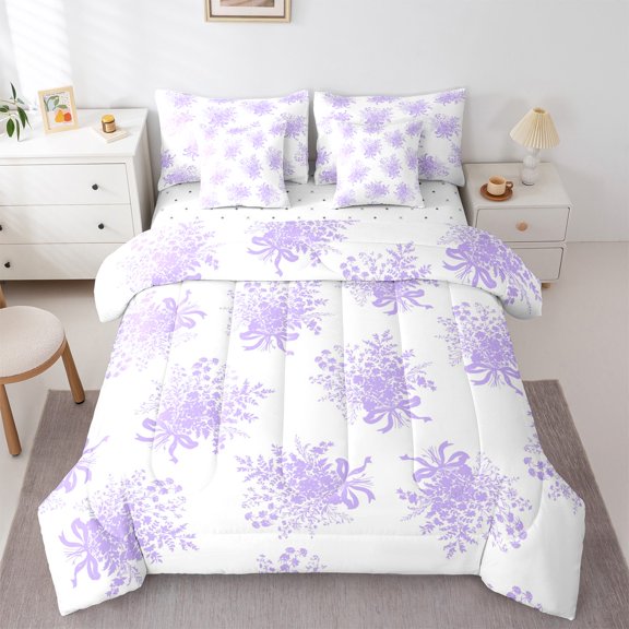 Homewish Cute Ribbon Bowknot Twin Bedding Sets 7-Piece for Teens Adults Female,Purple White Bedding Comforter Set Microfiber,Dreamy Princess Flowers Breathable Sheet Sets,Super Cozy Room Decor