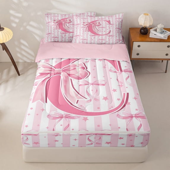 Homewish Cute Ribbon Bowtie Kids Zipper Twin Comforter Sets with Fitted Sheet and 2 Pillowcases,Pink Letter C Monogrammed Zipper Bedding Set For Girls Kids,Pink Reversible,4-Piece