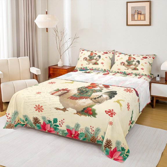 Homewish Cute Rooster Animal Queen Sheet Sets for Teen, Cartoon Xmas Reindeer Flat Sheet, Merry Christmas Queen Fitted Sheet, Super Cozy Room Decor, 4-Piece