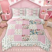 Homewish Cute Rustic Flower Bedding Comforter Set,Country Botanical Twin Comforter Sets,Pink Geometric Checkered Bedding Set For Girls Kids,Breathable Home Decor Reversible,2pcs
