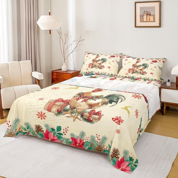 Homewish Cute Rustic Rooster Queen Sheet Sets for Teen, Cartoon Xmas Reindeer Flat Sheet, Merry Christmas Queen Fitted Sheet, Microfiber Bedroom Decor, 4-Piece